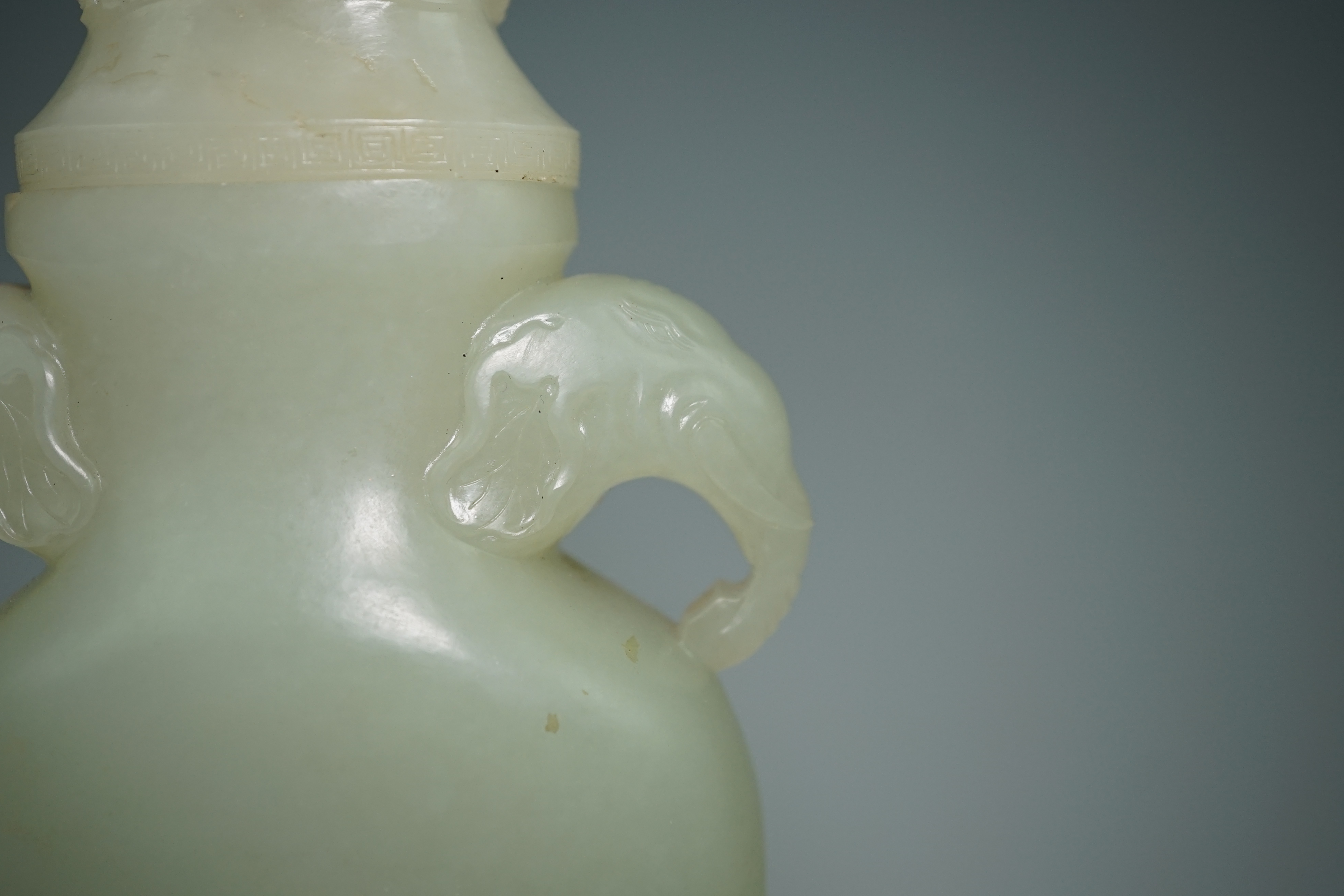 A Chinese pale celadon jade flask-form vase and cover, Qianlong/Jiaqing period, c.1780-1820